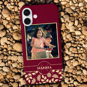 Custom Family Photo Monogram Name Leaves Burgundy iPhone 16 Plus Case