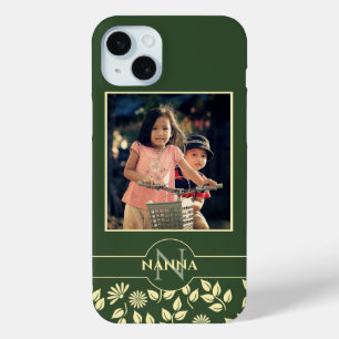 Custom Family Photo Monogram Name Pattern Green iPhone 15 Plus Case