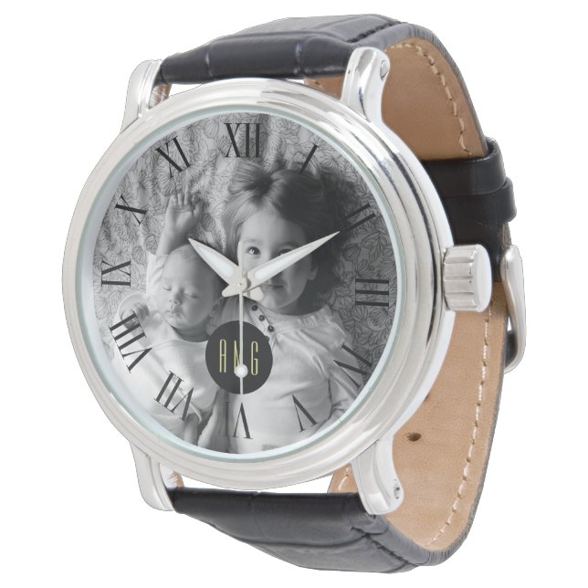 Custom Family Photo | Monogram | Roman Numeral BW Watch (Angled)