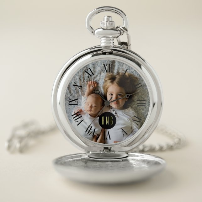Custom Family Photo | Monogram | Roman Numeral Pocket Watch (Inside)