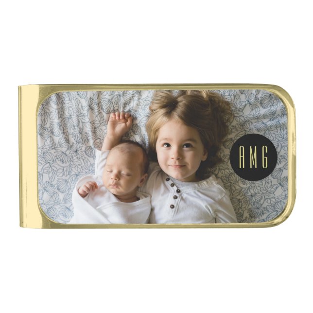 Custom Family Photo | Monogrammed Gold Finish Money Clip (Front)