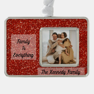 Custom Family Photo, Name and Quote Red Glitter Christmas Ornament