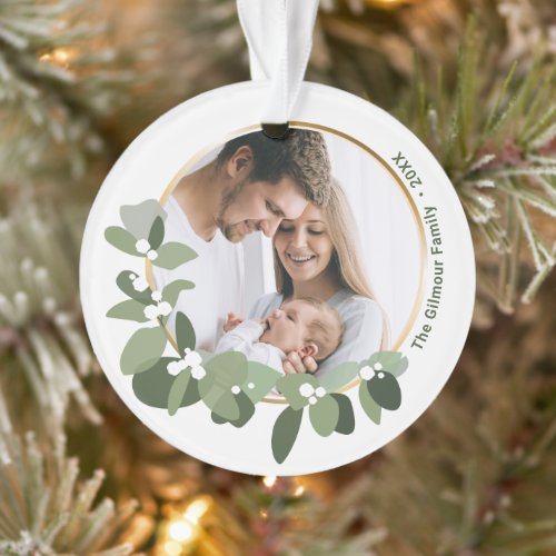Custom Family Photo Name and Year in Wreath Ornament