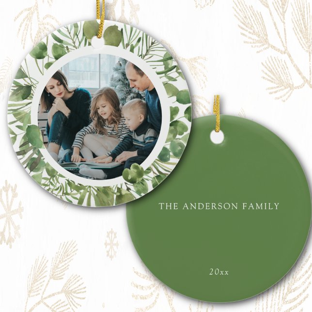 Custom Family Photo Name Christmas Eucalyptus Ceramic Ornament (Creator Uploaded)