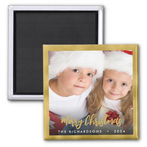 Custom Family Photo Name Holiday Gold Foil Modern Magnet