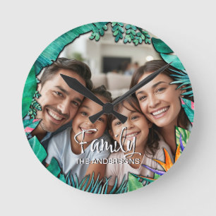 Custom Family Photo Name Tropical Watercolor Round Clock
