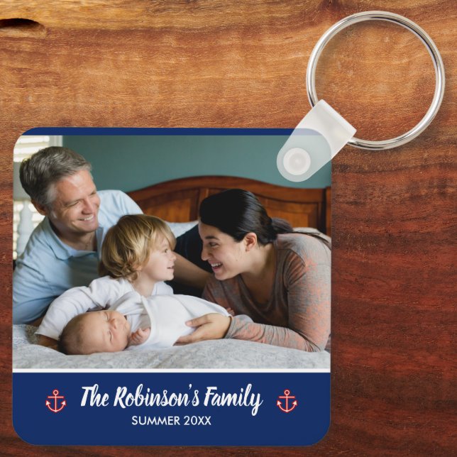Custom Family Photo Nautical Marine Navy Blue Keychain (Back)