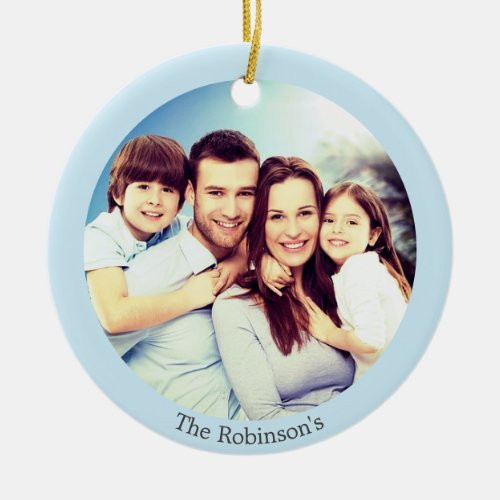 Custom Family Photo on Light Blue Personalized Ceramic Ornament