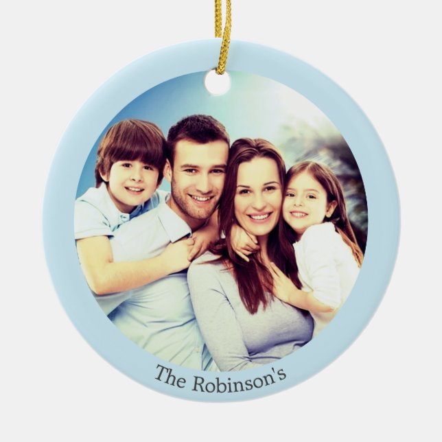 Custom Family Photo on Light Blue Personalized Ceramic Ornament (Front)