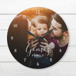 Custom Family Photo Overlay Monogrammed Large Clock<br><div class="desc">Create a special one of a kind round or square wall clock. The personalized clock design features your family name in simple modern fonts overlaid onto your full bleed family photo. Use the design tools to add more photos and text, and choose any fonts and colors to match your own...</div>