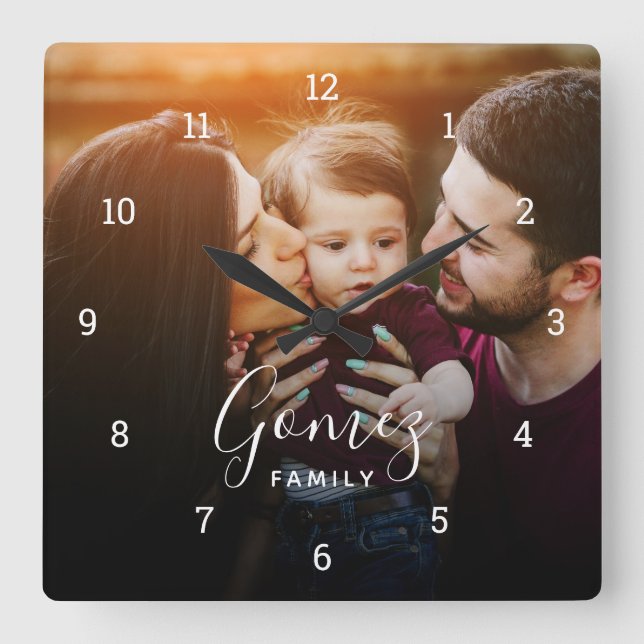 Custom Family Photo Overlay Monogrammed Square Wall Clock (Front)