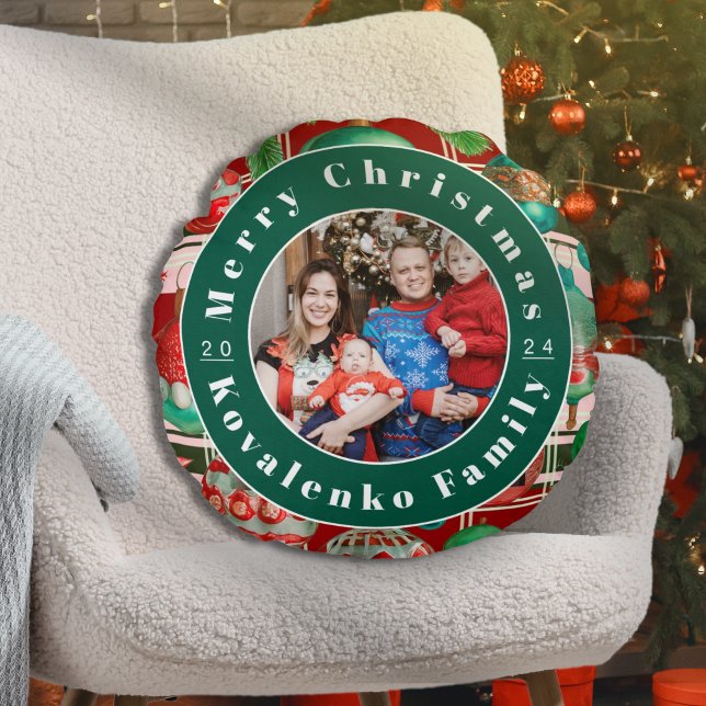 Custom Family Photo Red Green Plaid Holiday Round Pillow (Creator Uploaded)
