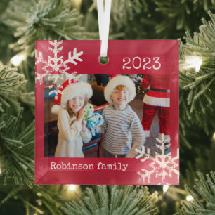 Custom Family Photo Red Holiday Snowflake Keepsake Glass Ornament