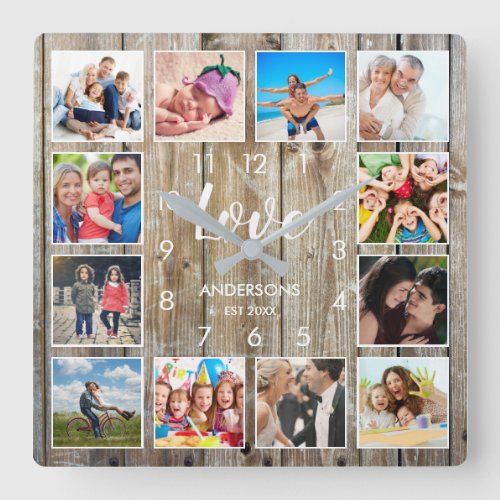 Custom Family Photo Rustic Farmhouse Love Script Square Wall Clock