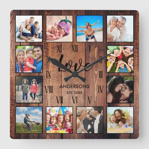 Custom Family Photo Rustic Farmhouse Love Script Square Wall Clock