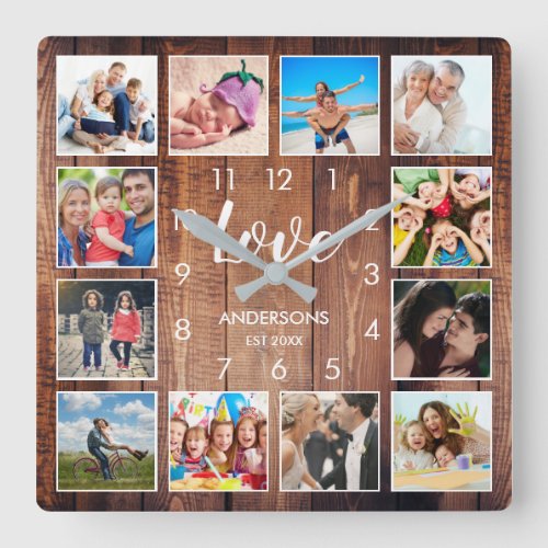 Custom Family Photo Rustic Farmhouse Love Script Square Wall Clock