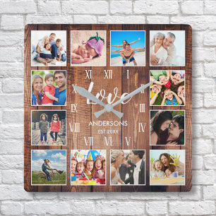 Custom Family Photo Rustic Farmhouse Love Script Square Wall Clock
