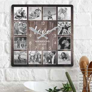 Custom Family Photo Rustic Farmhouse Love Script Square Wall Clock
