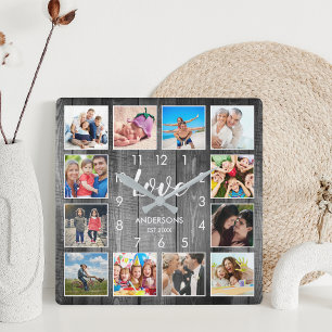 Custom Family Photo Rustic Farmhouse Love Script Square Wall Clock