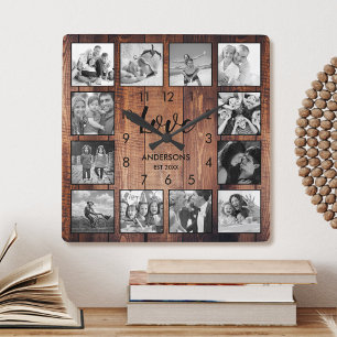 Custom Family Photo Rustic Farmhouse Love Script Square Wall Clock
