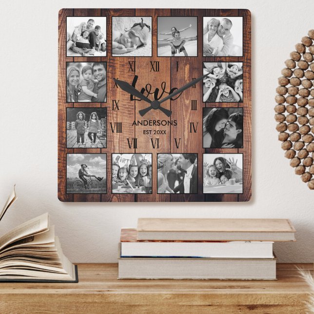 Custom Family Photo Rustic Farmhouse Love Script Square Wall Clock (Creator Uploaded)