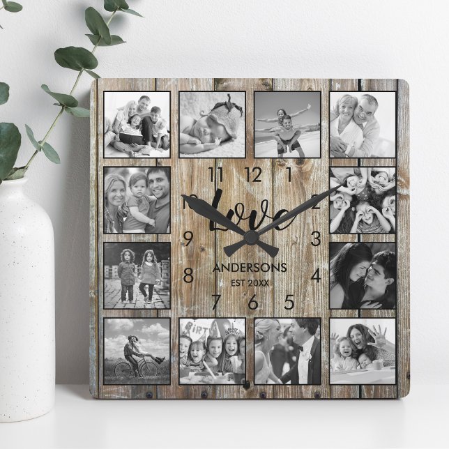 Custom Family Photo Rustic Farmhouse Love Script Square Wall Clock (Creator Uploaded)