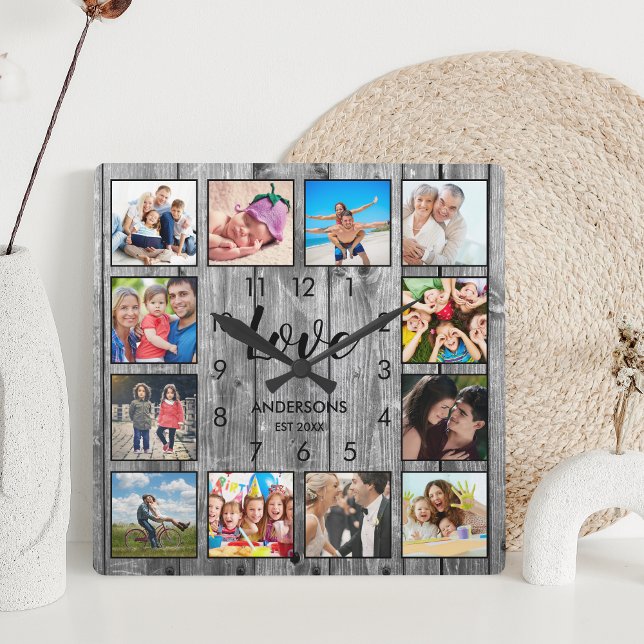 Custom Family Photo Rustic Farmhouse Love Script Square Wall Clock (Creator Uploaded)