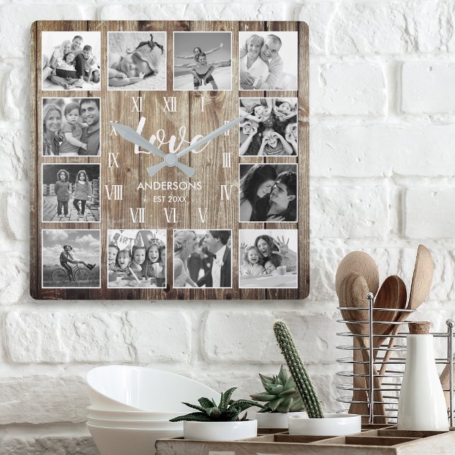 Custom Family Photo Rustic Farmhouse Love Script Square Wall Clock (Creator Uploaded)