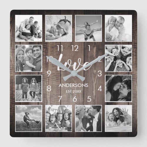 Custom Family Photo Rustic Farmhouse Love Script Square Wall Clock