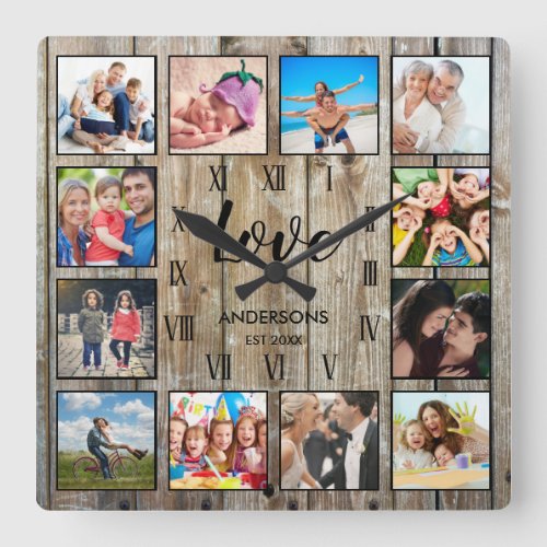 Custom Family Photo Rustic Farmhouse Love Script Square Wall Clock