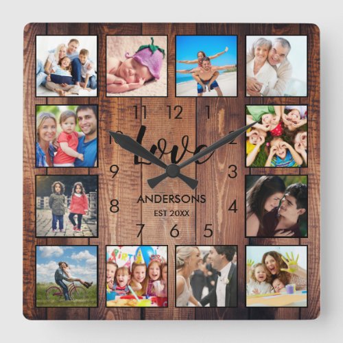 Custom Family Photo Rustic Farmhouse Love Script Square Wall Clock
