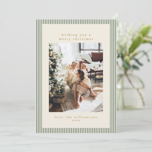 Custom Family Photo Sage Stripe Border Christmas Holiday Card