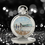 Custom family photo summer vacation text pocket watch<br><div class="desc">Add Your own favorite photo from a summer vacation,  travel,  kids,  wife,  girlfriend/boyfriend or pet.  White numbers with minutes.  Personalize and add your text,  white letters.
This watch is also available in our store with black numbers.</div>