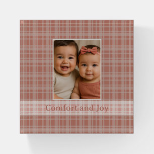 Custom Family Photo Terracotta Beige Plaid Paperweight