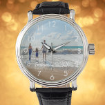 Custom family photo text watch white<br><div class="desc">Add your own favorite photo from a summer vacation,  travel,  kids,  girlfriend/boyfriend or pet.  White numbers.  Template for your text,  white letters.  A great gift or keepsake from your travels or honeymoon.</div>