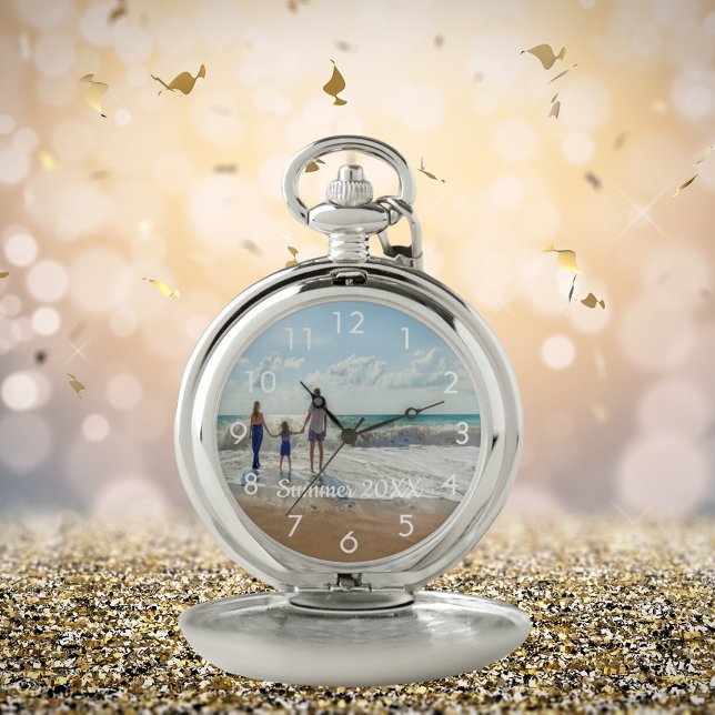 Custom family photo travel vacation text white pocket watch (Creator Uploaded)