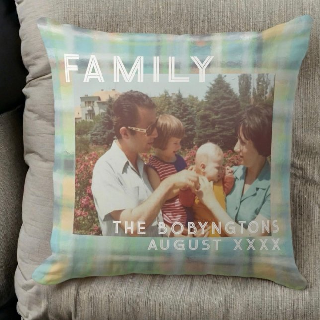 Custom family photo typography pastel plaid tartan throw pillow (Creator Uploaded)