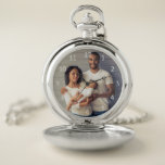 Custom Family Photo White Numbers Pocket Watch<br><div class="desc">Turn a family photo into a treasured keepsake. This pocket watch features simple white sans serif numbers surrounding space for your favorite photograph. Easily replace the sample image with your own.</div>