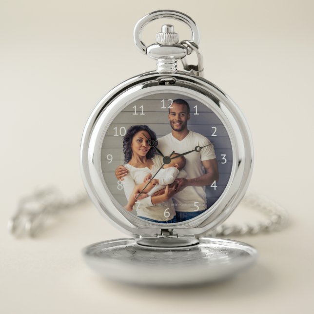 Custom Family Photo White Numbers Pocket Watch (Inside)