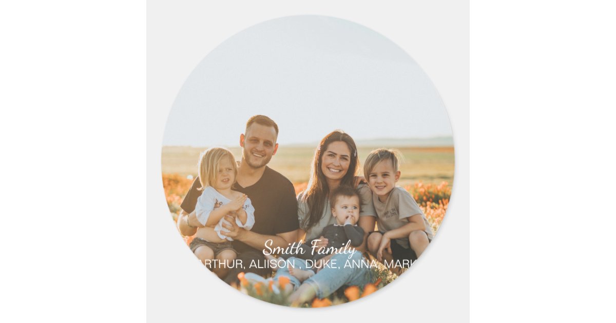 Custom family photo with custom names classic round sticker | Zazzle