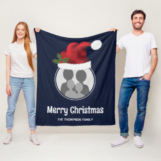 Custom Family Photo With Red Santa Hat On Blue Fleece Blanket