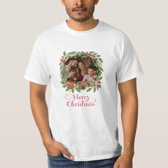 Custom Family Photo Wreath Merry Christmas T-Shirt (Front)