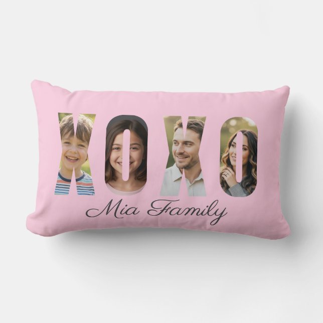 Custom Family Photo XOXO Pink Valentine’s Day Lumbar Pillow (Front)
