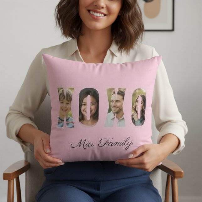 Custom Family Photo XOXO Pink Valentine’s Day Throw Pillow (Creator Uploaded)