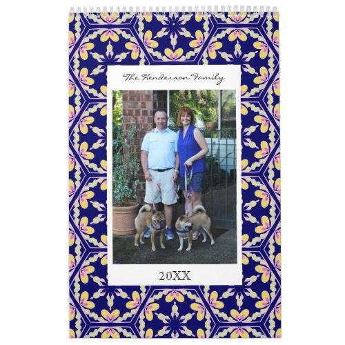 Custom Family Photos  Blue Spanish Tile Pattern Calendar