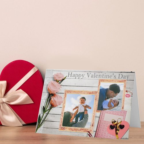 Custom Family Photos Rustic Valentines Pink Roses Holiday Card
