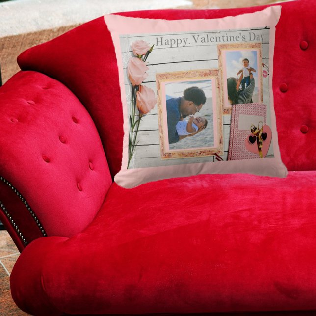Custom Family Photos Rustic Valentines Pink Roses Throw Pillow (Creator Uploaded)