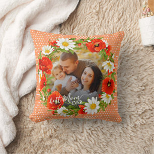 Custom Family Picture Yellow Daisies Floral Wreath Throw Pillow