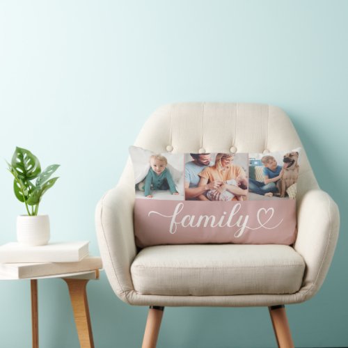 Custom Family Pink Heart Script 3 Photo Collage Lumbar Pillow