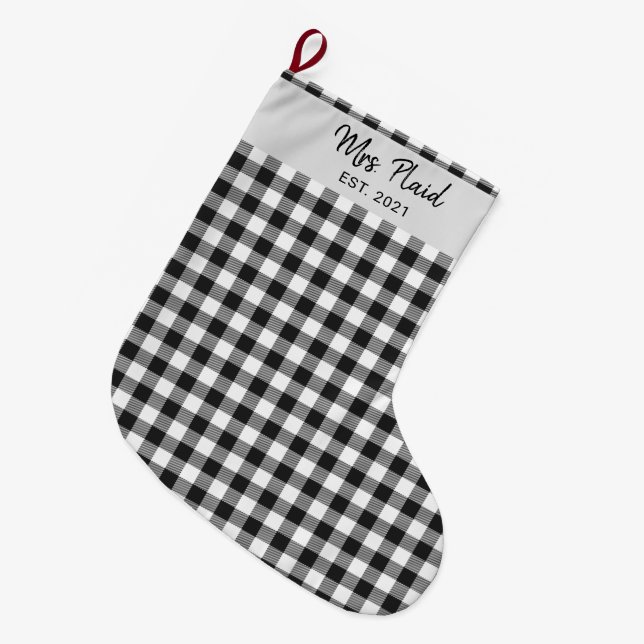 Custom Family Plaid Black White Buffalo Checkered Large Christmas Stocking (Front (Hanging))